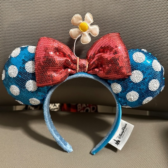 Disney Parks Minnie Mouse Ears Sequin Blue White Polka Dot Bow Daisy Flower - Picture 1 of 1